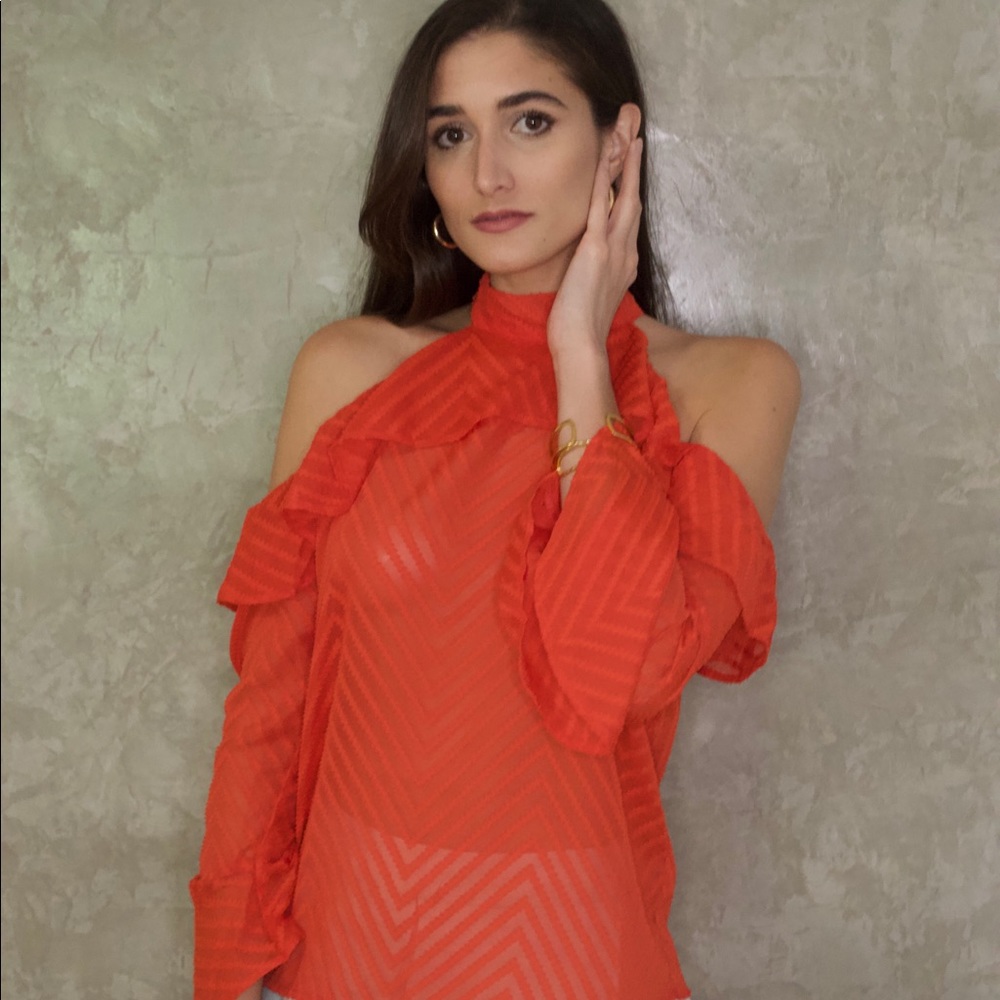 Tangerine Orange Red Ruffled Top Bell Sleeves